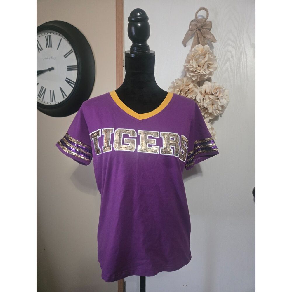 LSU Tigers Purple Gold Sequin Gameday Jersey V Neck Tailgate Shirt - Small